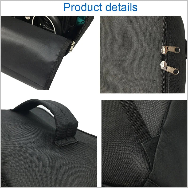 Details de fabrication de la housse pour poussette avec double fermeture eclair et poignee renforcee