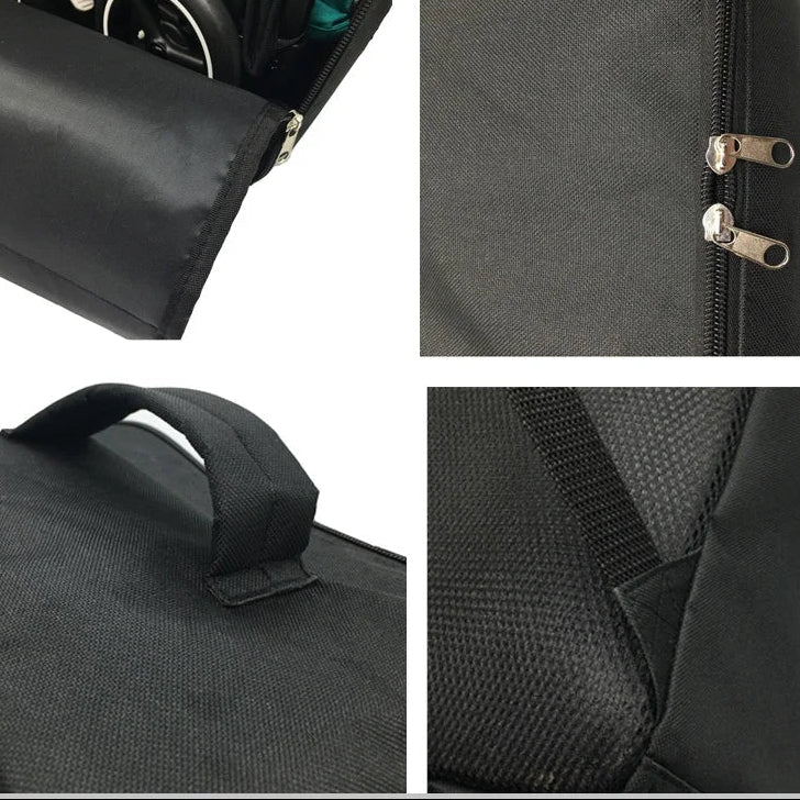 Details de fabrication de la housse pour poussette avec double fermeture eclair et poignee renforcee