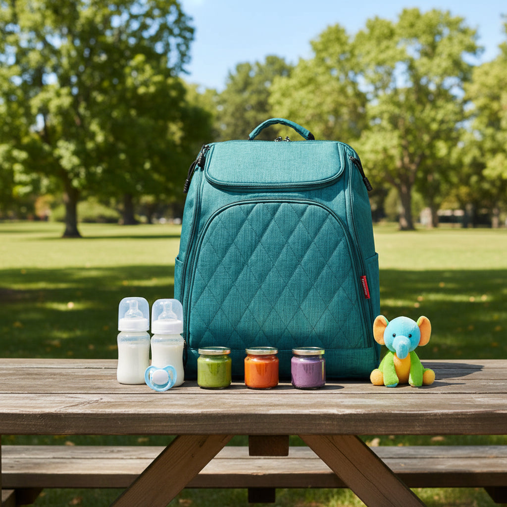 Sac a langer a dos en coloris turquoise avec surpiqures matelassees, presente de face sur fond blanc.