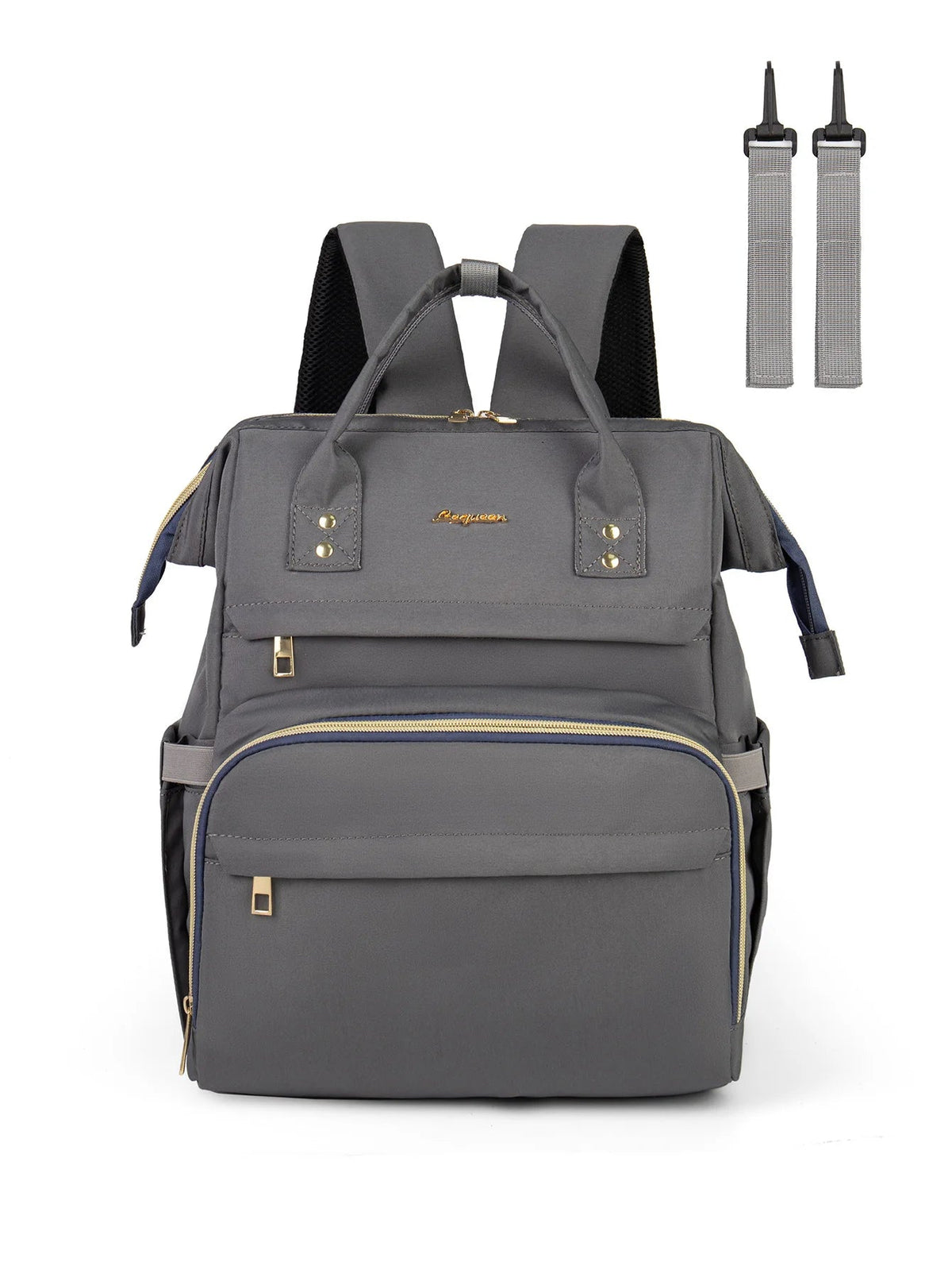 Sac a langer gris vu de face montrant sa large ouverture et sa poche frontale zippee pour un acces rapide aux affaires de bebe.