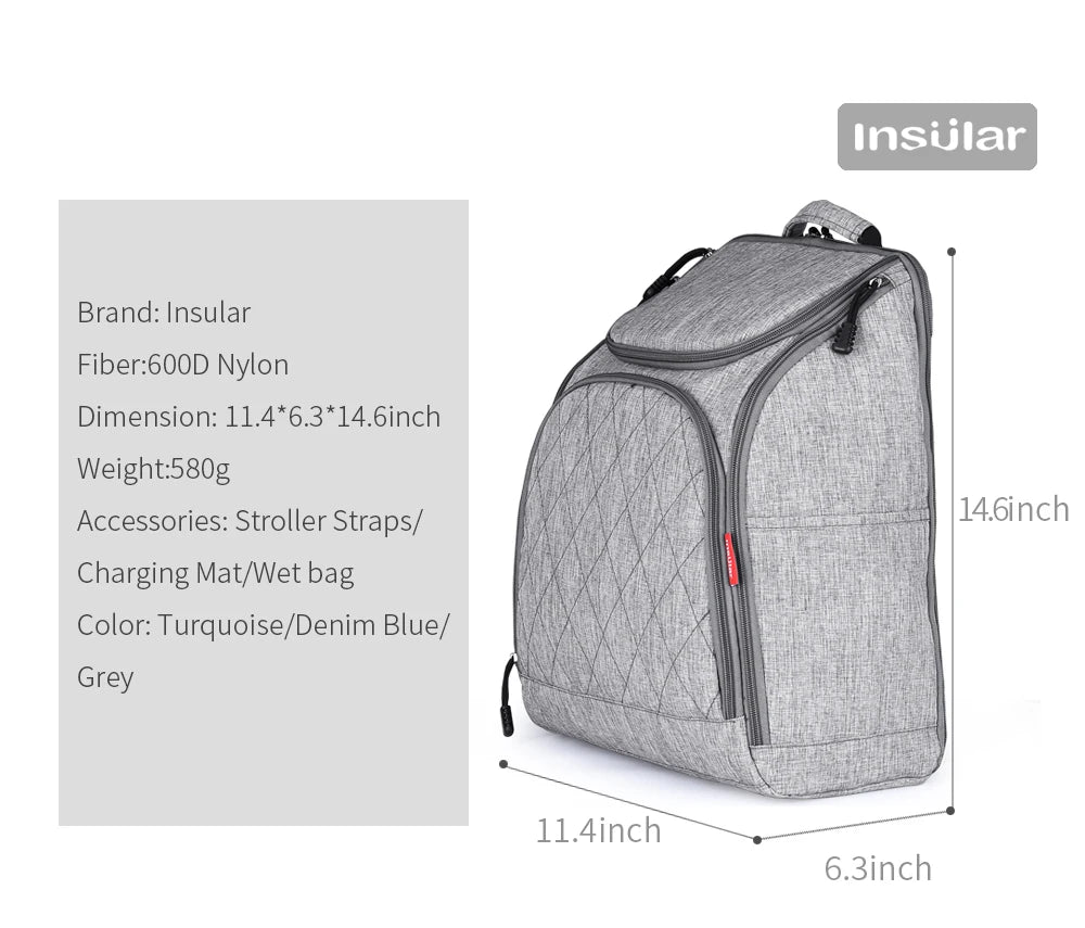 Fiche technique du sac a langer precisant les dimensions, le nylon 600D, le poids leger et les accessoires inclus.