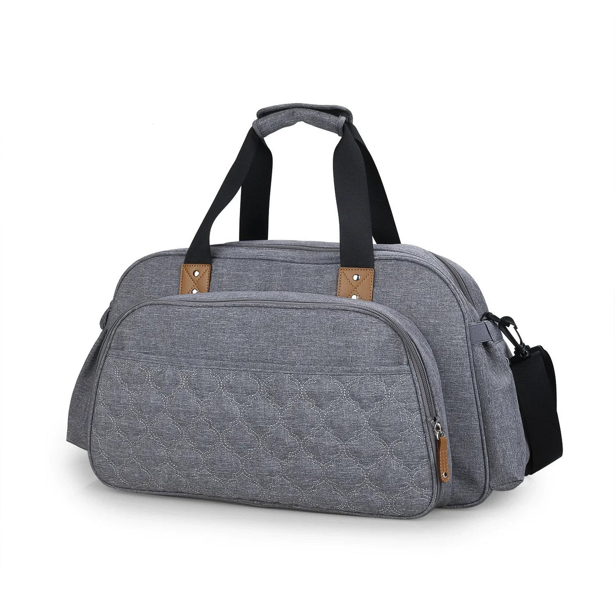 Sac a langer gris matelasse au design premium, pense pour les parents qui veulent allier style et praticite en balade.