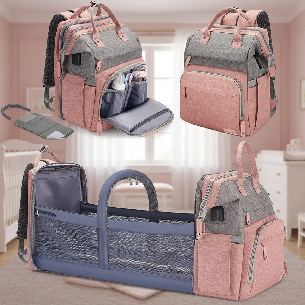 Sac a langer lit nomade bicolore rose et gris vu de face, de dos et deplie en berceau, ideal pour les parents en voyage avec bebe.