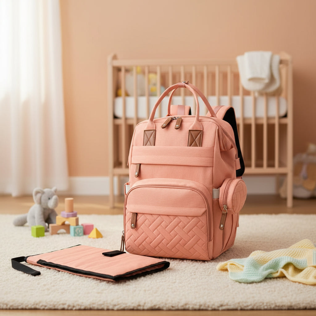 Sac a langer rose vendu avec son matelas a langer nomade pliable pour changer bebe partout en toute hygiene.