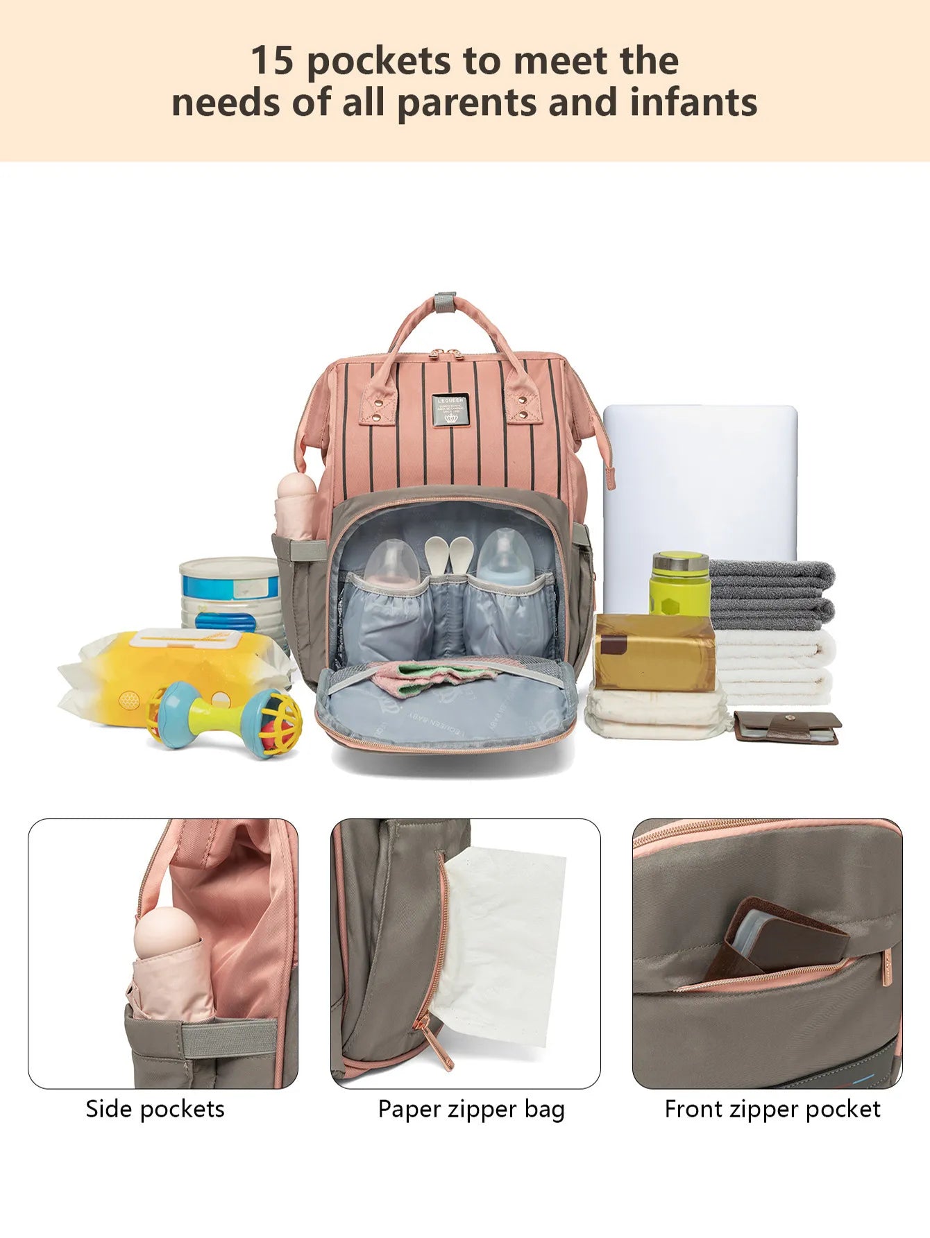 Schema des 15 poches du sac a langer organisant biberons, couches, lingettes et ordinateur pour tout retrouver facilement.