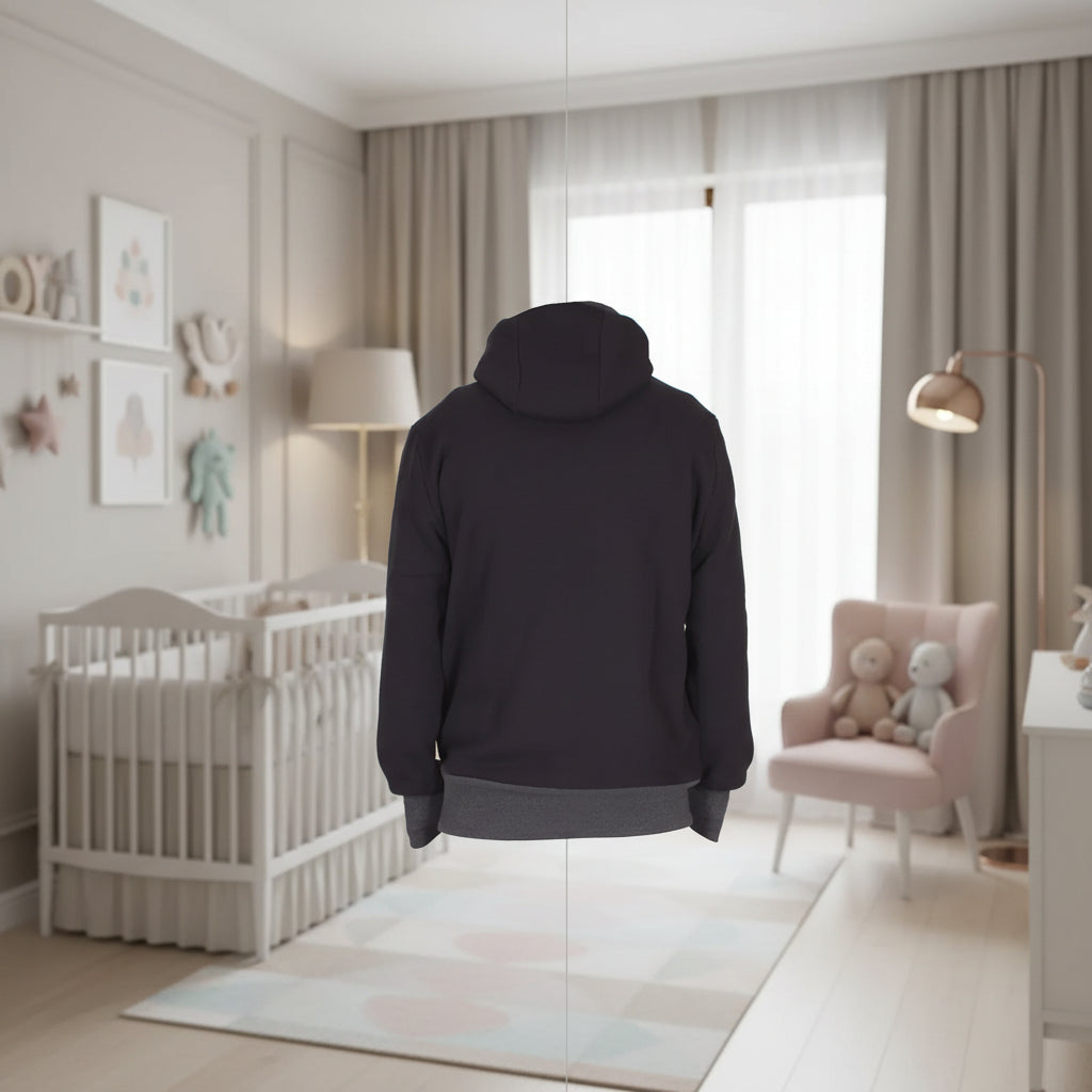 Vue de dos de la veste avec sa capuche et ses finitions grises contrastees pour un style moderne et chaleureux.