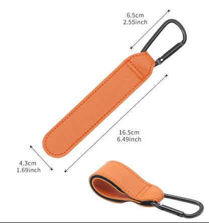 Schema des dimensions de l'attache poussette de 16,5 cm avec detail du systeme velcro au dos.