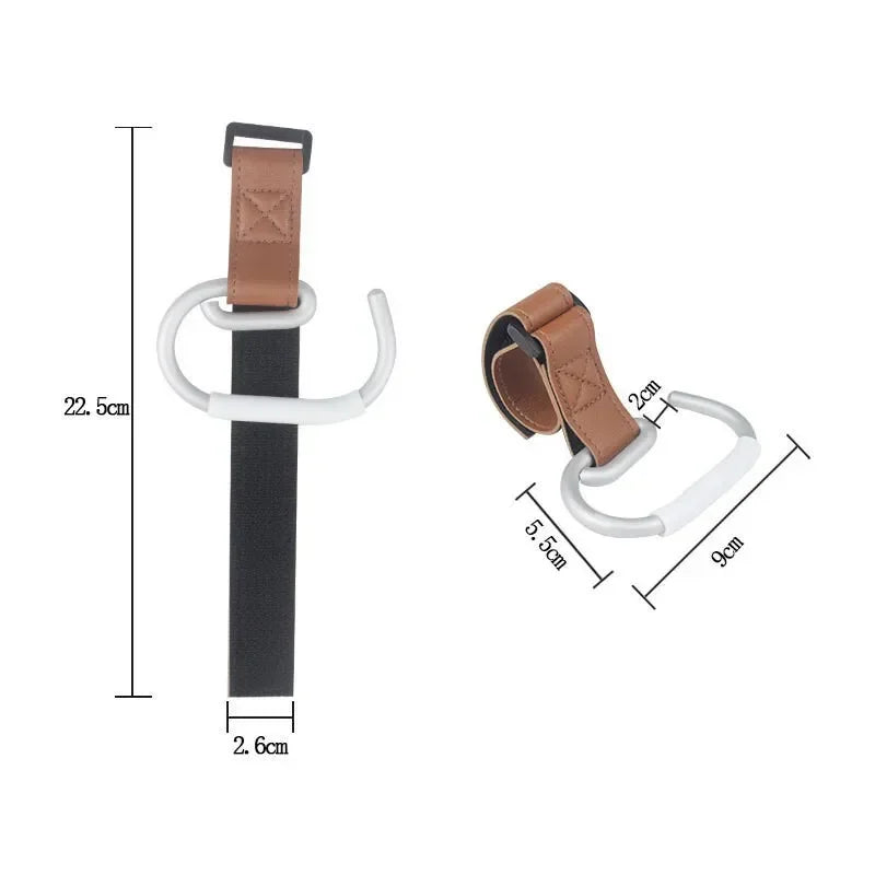 Schema coté indiquant les dimensions de la sangle 22,5 cm et du crochet 9 cm pour verifier la compatibilite avec votre poussette.