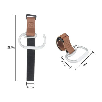 Schema coté indiquant les dimensions de la sangle 22,5 cm et du crochet 9 cm pour verifier la compatibilite avec votre poussette.