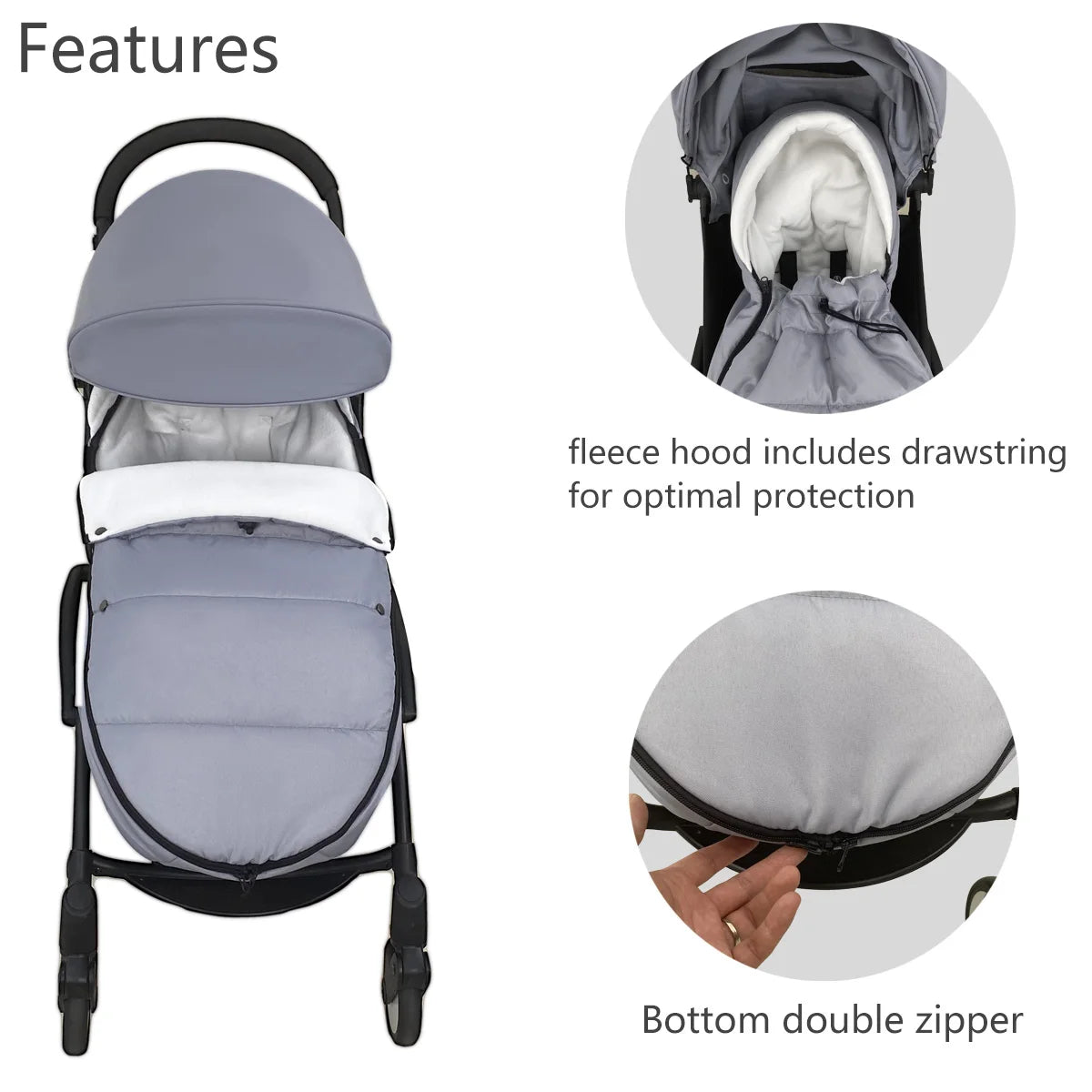 Detail des fonctionnalites du chancelier bebe avec capuche polaire a cordon de serrage et double fermeture zip en bas pour un enfilage facile.