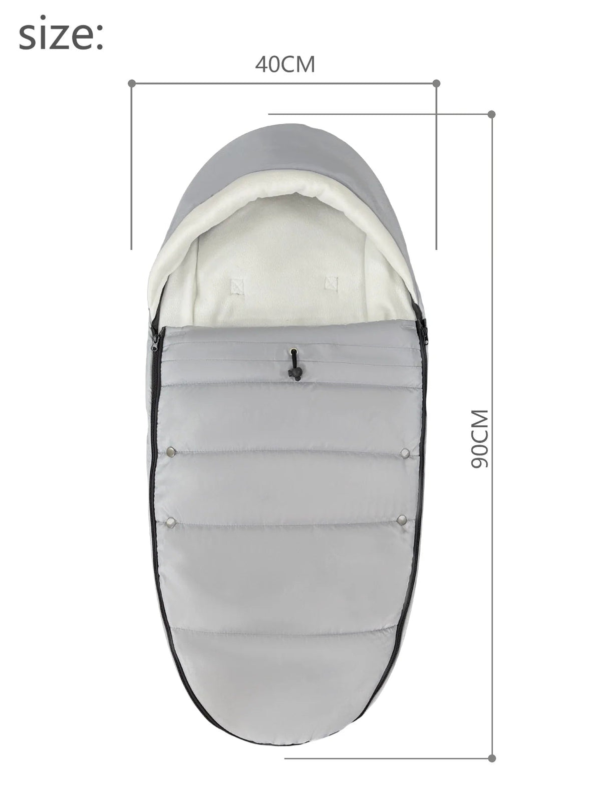 Schema des dimensions du chancelier bebe mesurant 40 cm de large et 90 cm de long, adapte a la croissance de l'enfant.