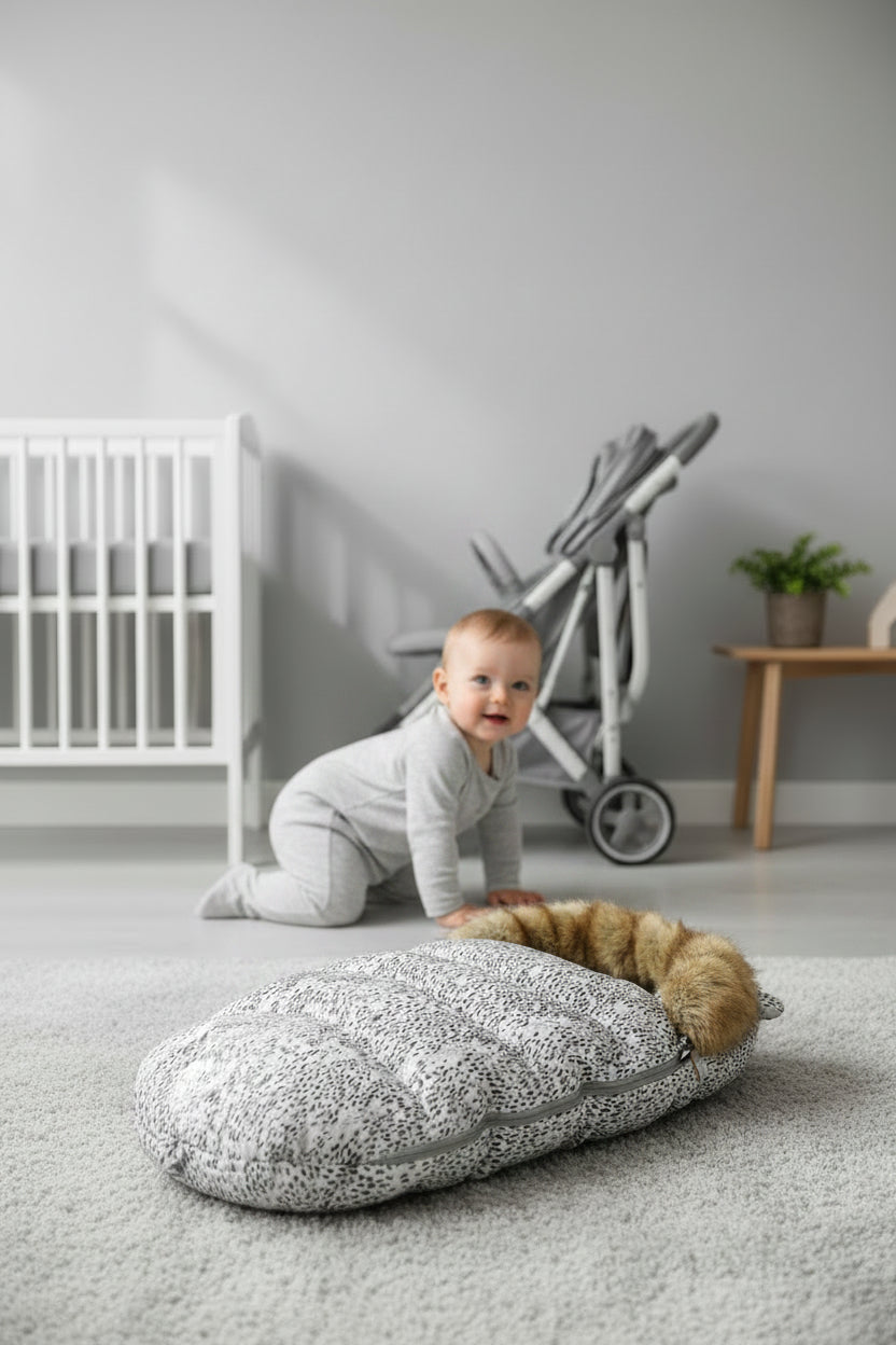 Chanceliere pour bebe en poussette coloris clair mouchete avec doublure polaire grise visible et col en fausse fourrure genereux.
