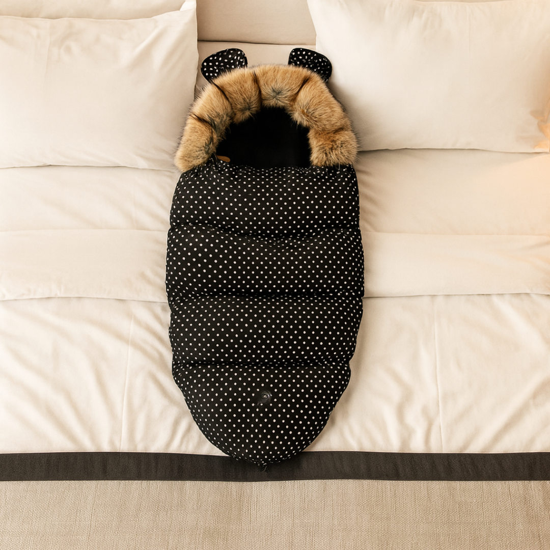 La chanceliere a pois deployee sur un lit montre sa capuche ourson et sa forme cocon adaptee aussi au sommeil a la maison.