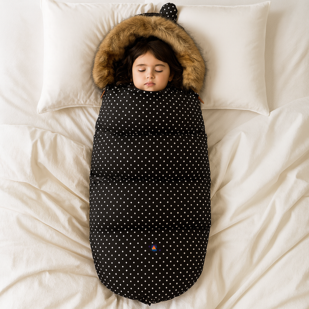 Enfant endormi dans la chanceliere a pois utilisee comme gigoteuse sur un lit pour l empecher de decouvrir la nuit.