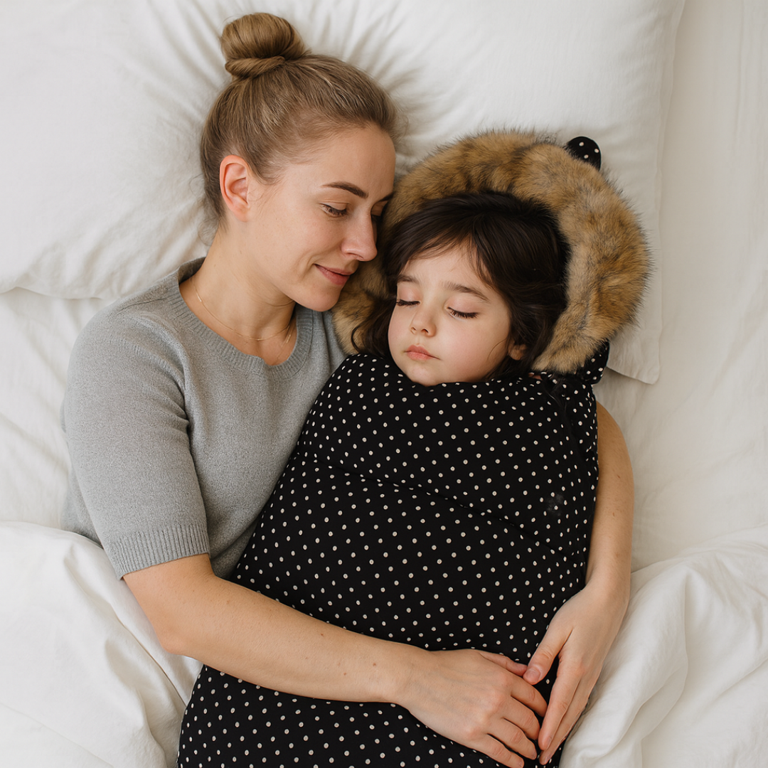Maman veillant sur son enfant emmitoufle dans la chanceliere utilisee comme couverture douillette lors d une sieste a la maison.