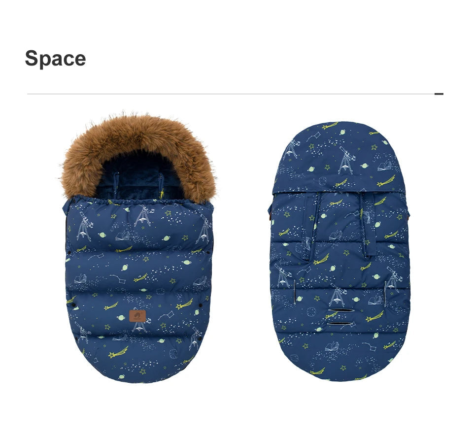 Chanceliere bleu marine motif espace vue des deux cotes, ideale pour un univers etoile et une protection hivernale.