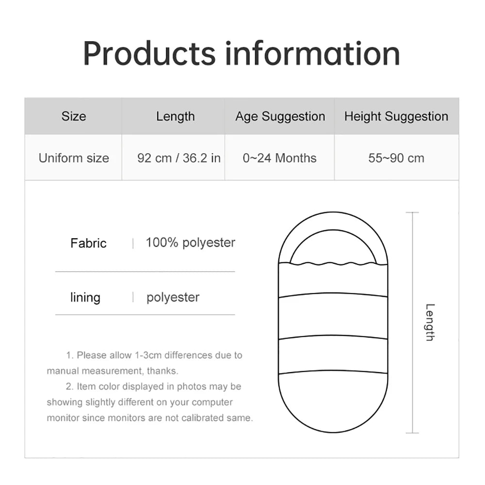 Fiche technique indiquant la longueur de 92 cm et l'adaptation de la chanceliere aux enfants de 0 a 24 mois.