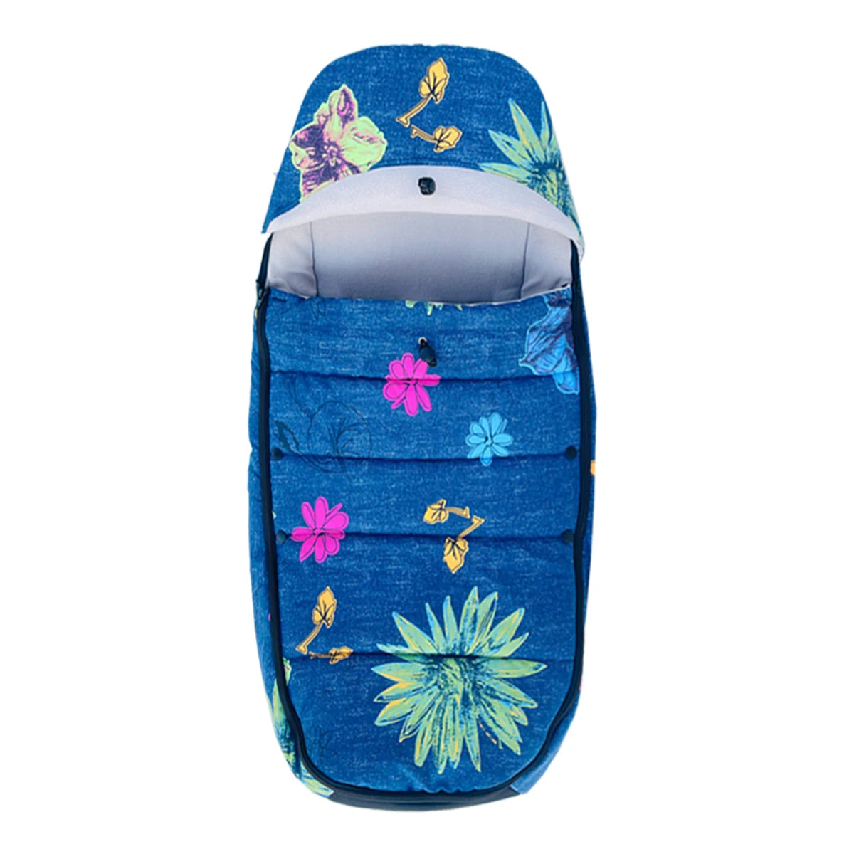 Chanceliere poussette universelle au motif floral bleu vif, ideale pour habiller la poussette avec une touche coloree tout en gardant bebe au chaud.