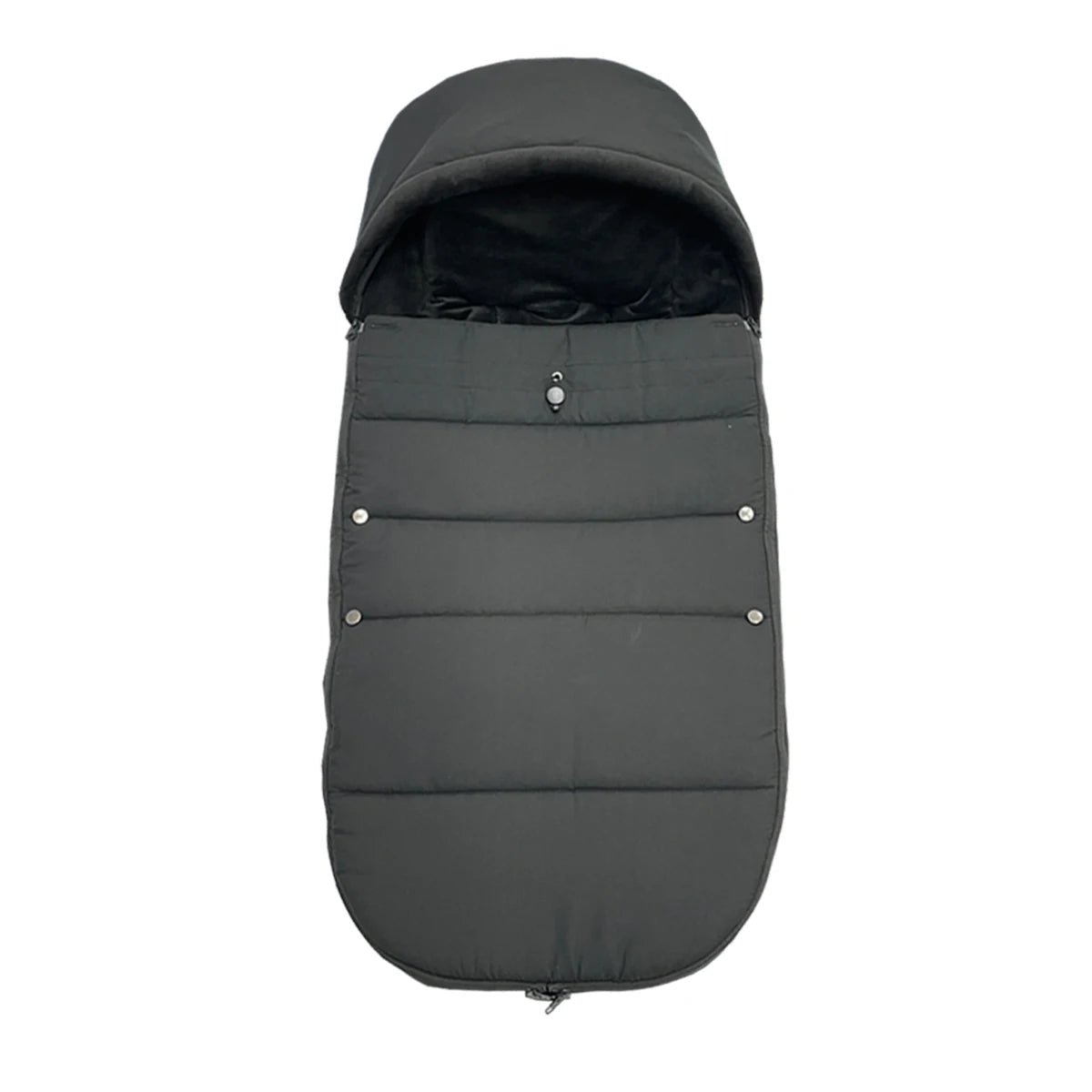 Chanceliere poussette universelle noire avec capuche et matelassage chaud, presentee seule sur fond blanc pour proteger bebe du froid.