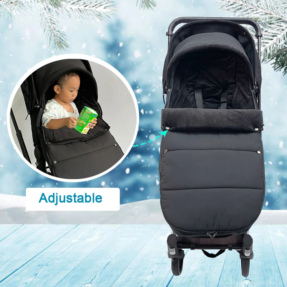 Chanceliere noire ajustable en hauteur permettant a un enfant plus grand de rester assis confortablement et de jouer tout en etant au chaud.