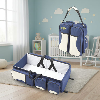 Lit sac a langer de voyage en bleu marine, presente en position sac et en position lit deplie pour bebe.