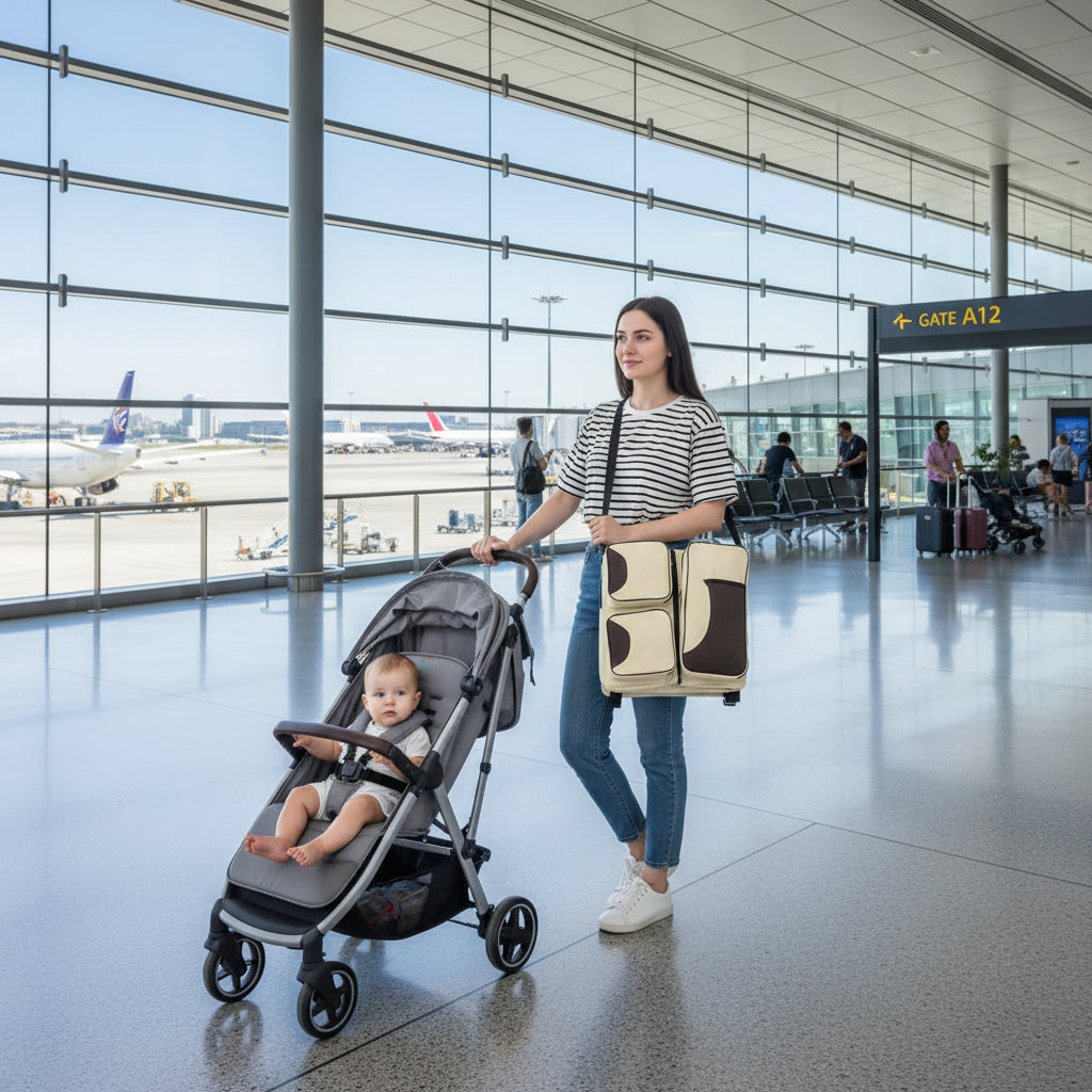 Maman portant le sac a langer en bandouliere lors d'une sortie, avec vue sur sa transformation en lit pour bebe.
