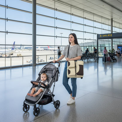 Maman portant le sac a langer en bandouliere lors d'une sortie, avec vue sur sa transformation en lit pour bebe.