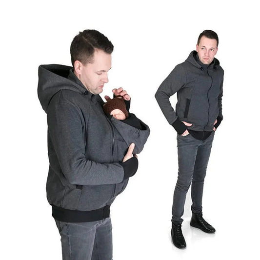 Manteau de portage polyvalent porte avec bebe blotti au chaud puis sans enfant comme veste classique du quotidien.