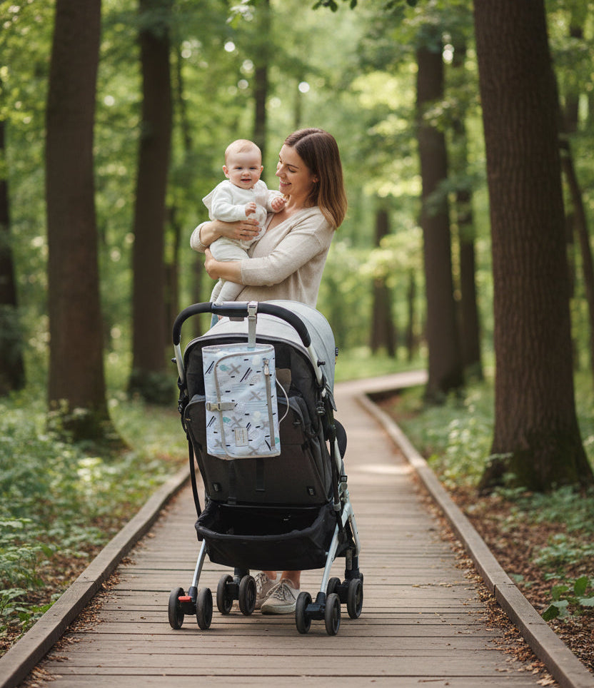 Matelas a langer nomade suspendu au guidon d une poussette pour rester a portee de main lors des sorties avec bebe.