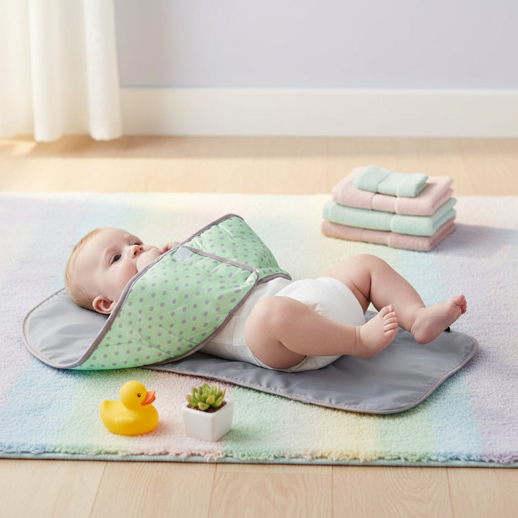 Bebe installe et maintenu confortablement sur le matelas a langer nomadee.