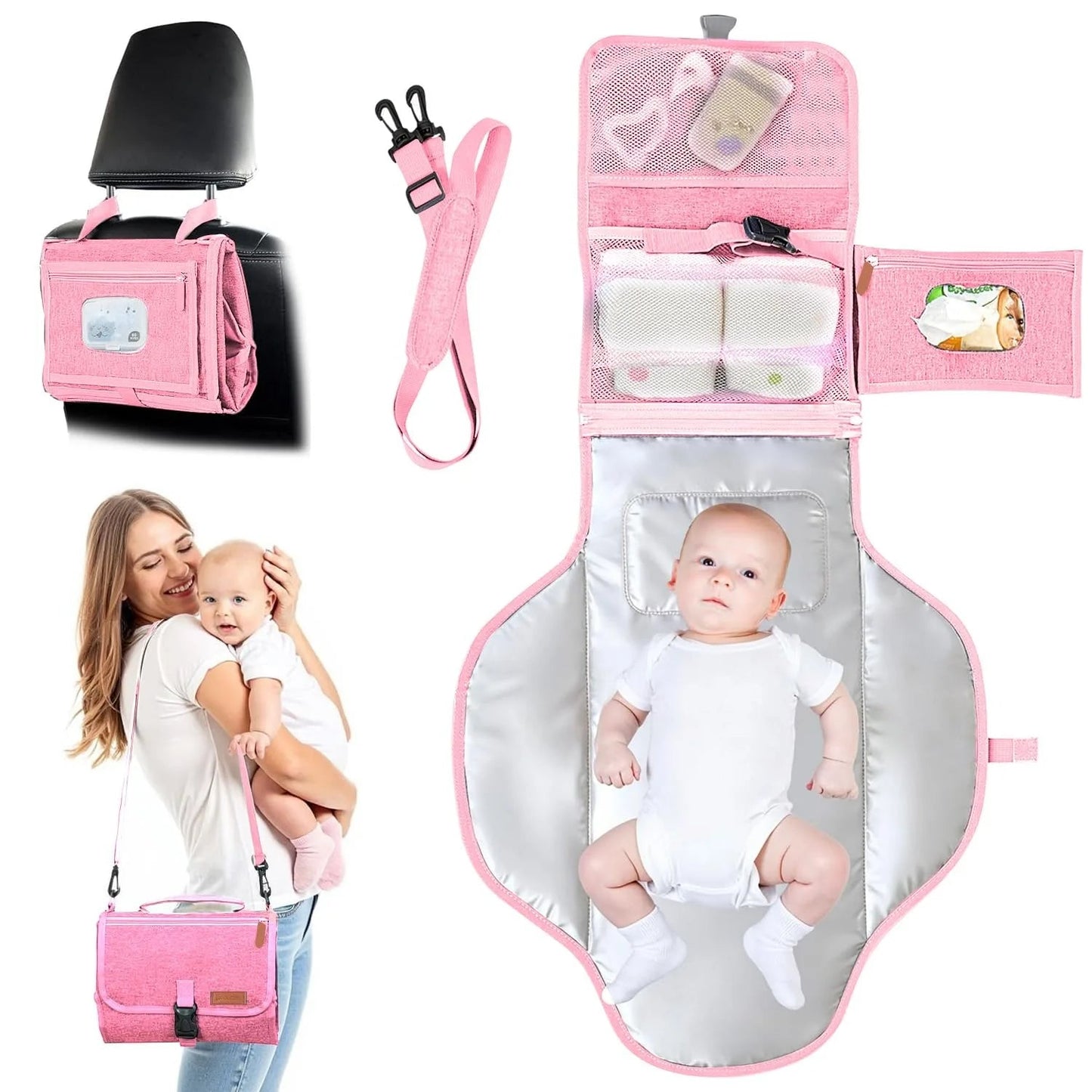 Ensemble complet du matelas a langer nomade rose avec bebe, sangle bandouliere et fixation appui-tete pour changer en deplacement