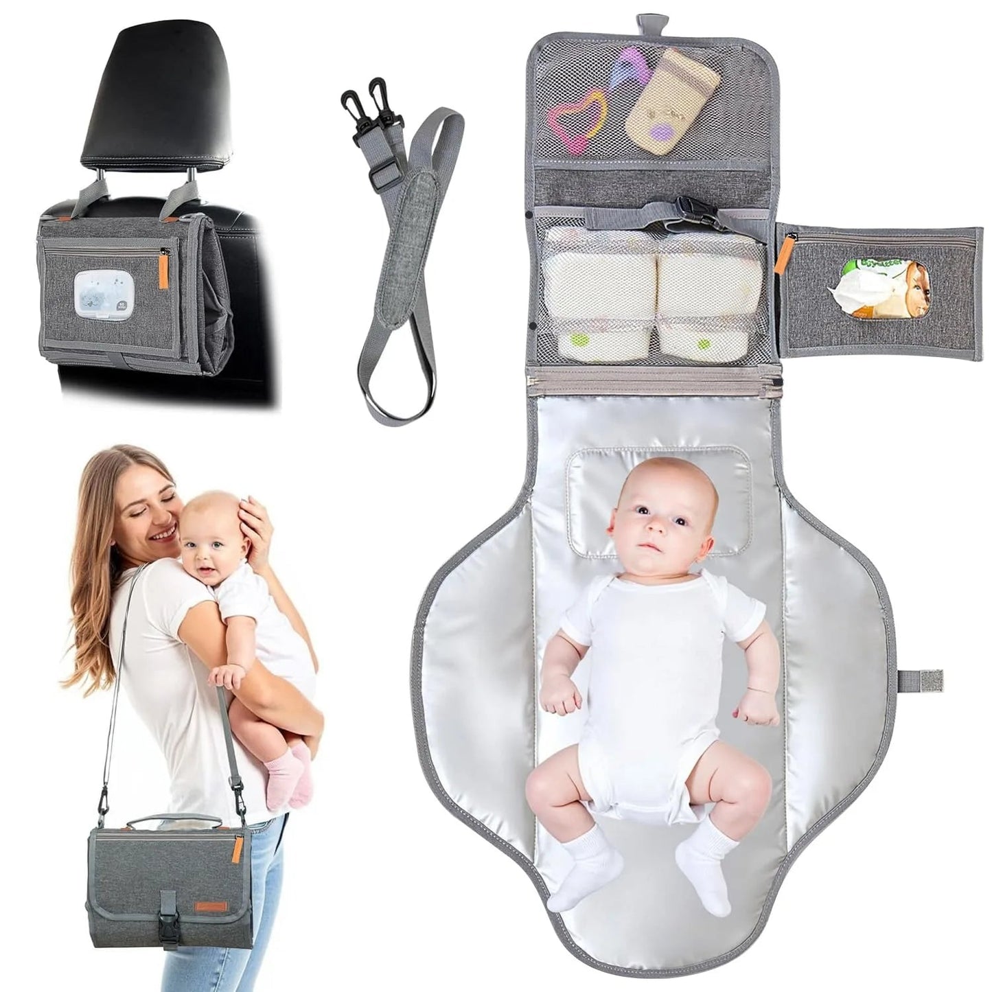 Matelas a langer nomade deplie avec bebe installe, compartiments de rangement et sangle amovible pour changer partout