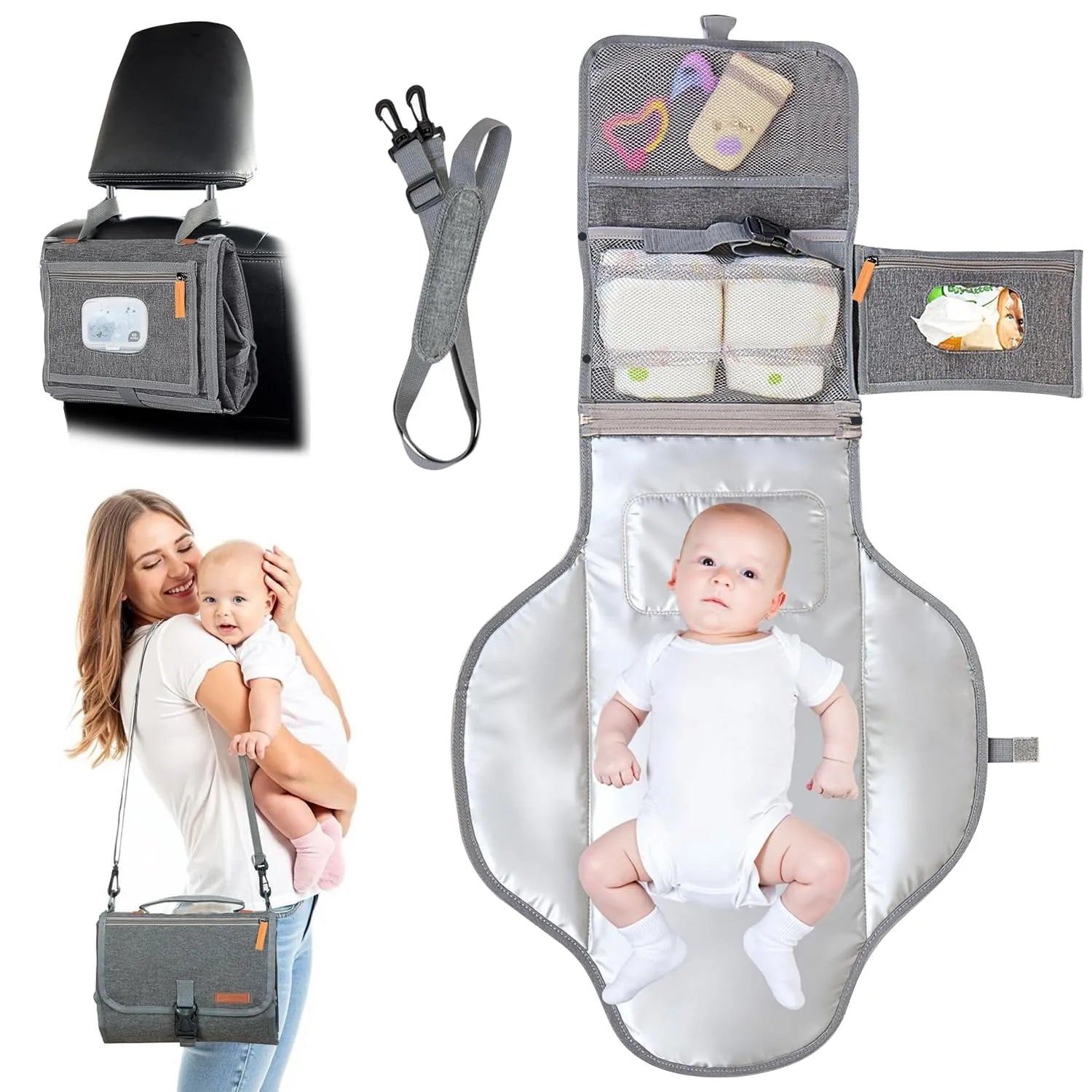 Matelas a langer nomade deplie avec bebe installe, compartiments de rangement et sangle amovible pour changer partout