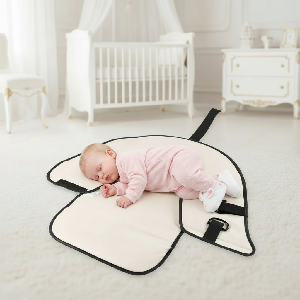 Bebe installe sur le matelas a langer entierement deplie, offrant une surface propre et rembourree pour le change partout.