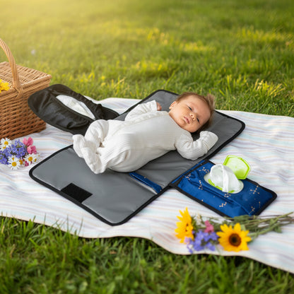 Bebe allonge confortablement sur le matelas a langer nomade deplie, avec acces immediat aux lingettes et aux couches pendant le change.