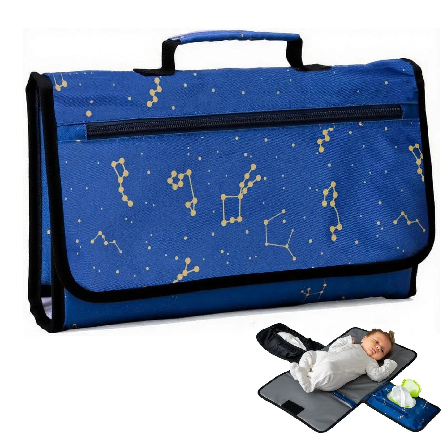 Matelas a langer nomade replie facile a transporter, motif constellations, ideal pour changer bebe partout en deplacement.