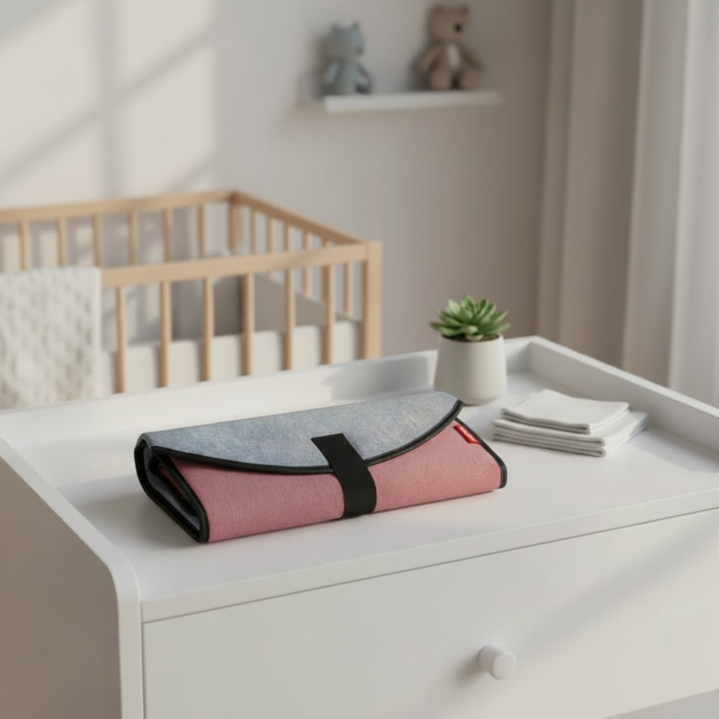 Matelas a langer nomade Insular plie en pochette compacte bicolore, facile a glisser dans un sac a langer pour les sorties.