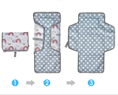Illustration des trois etapes de depliage du matelas d'une seule main, pratique quand on porte bebe dans l'autre bras.