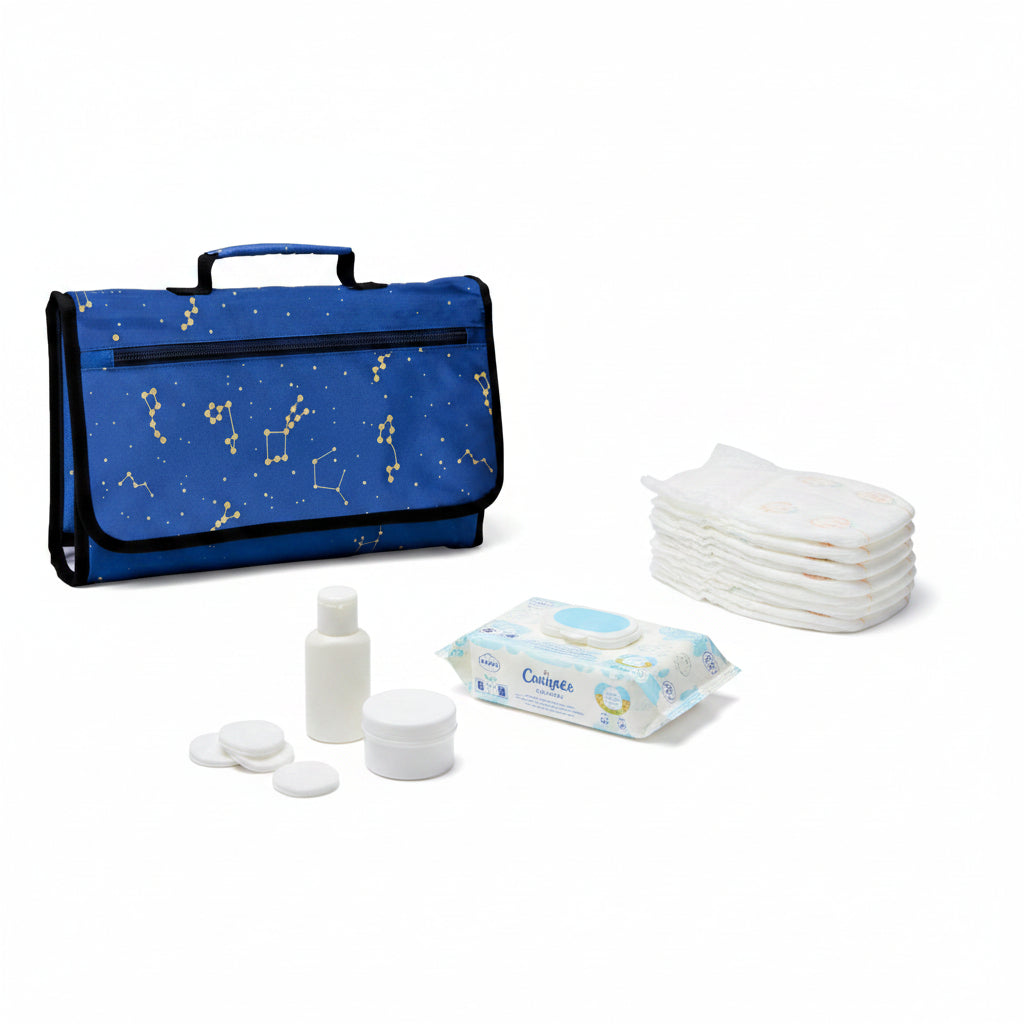Details des rangements du matelas a langer : poche zippee, tapis 100% impermeable, place pour cinq couches et coussin en mousse a memoire de forme.
