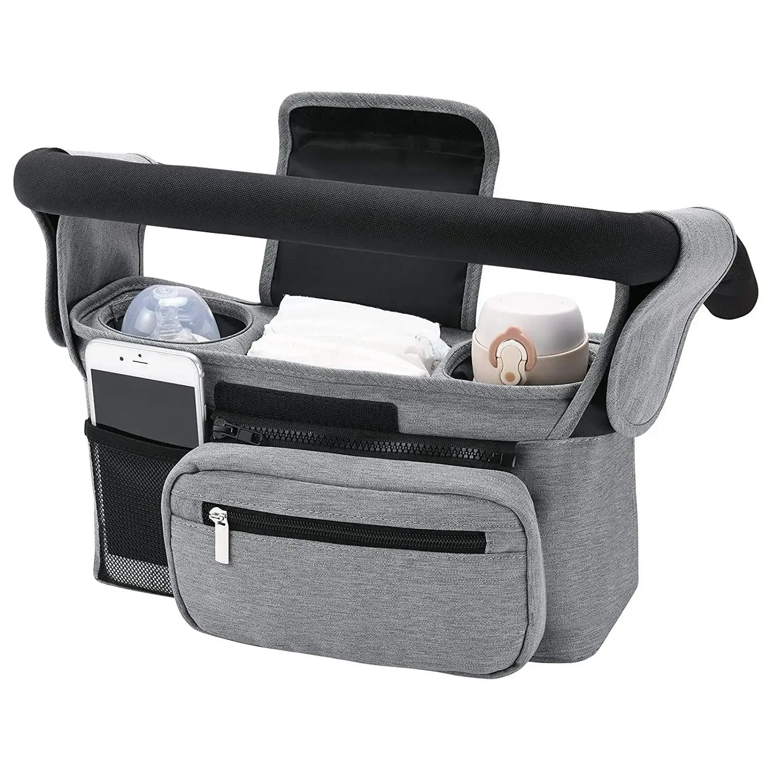 Modele gris chine presente rempli pour illustrer sa capacite de rangement et sa fixation velcro securisee.