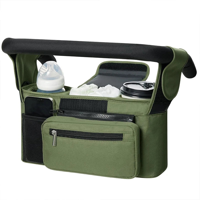 Organisateur vert kaki equipe de porte-gobelets, poche filet laterale et grande poche zippee pour tout emporter.