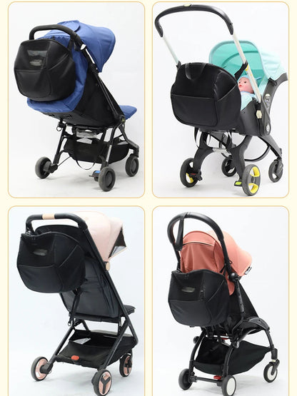 L'organisateur s'adapte a differents modeles de poussettes, du landau au buggy compact, sans gener la conduite.