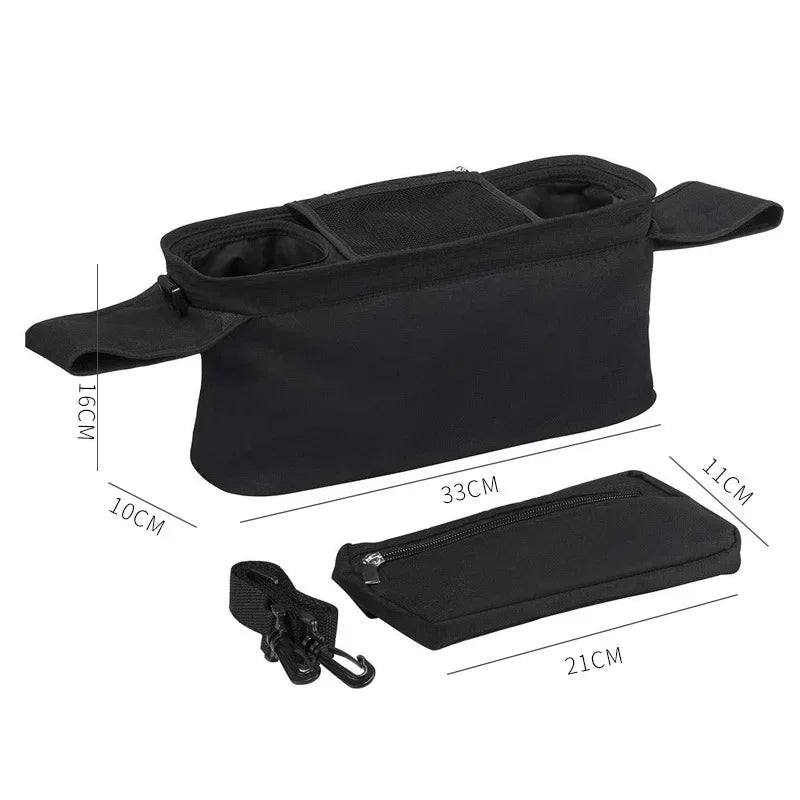 Dimensions detaillees du modele noir et de sa trousse detachable, avec bandouliere et crochets fournis.