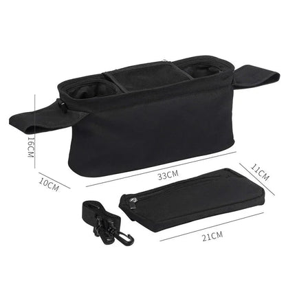 Dimensions detaillees du modele noir et de sa trousse detachable, avec bandouliere et crochets fournis.