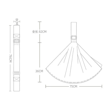 Schema des dimensions du porte bebe bandoulière avec longueur totale de 82 cm et largeur d'assise de 75 cm