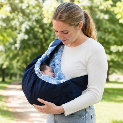 Maman en balade nature portant son bebe eveille dans le hamac, une position enveloppante qui favorise l'endormissement.