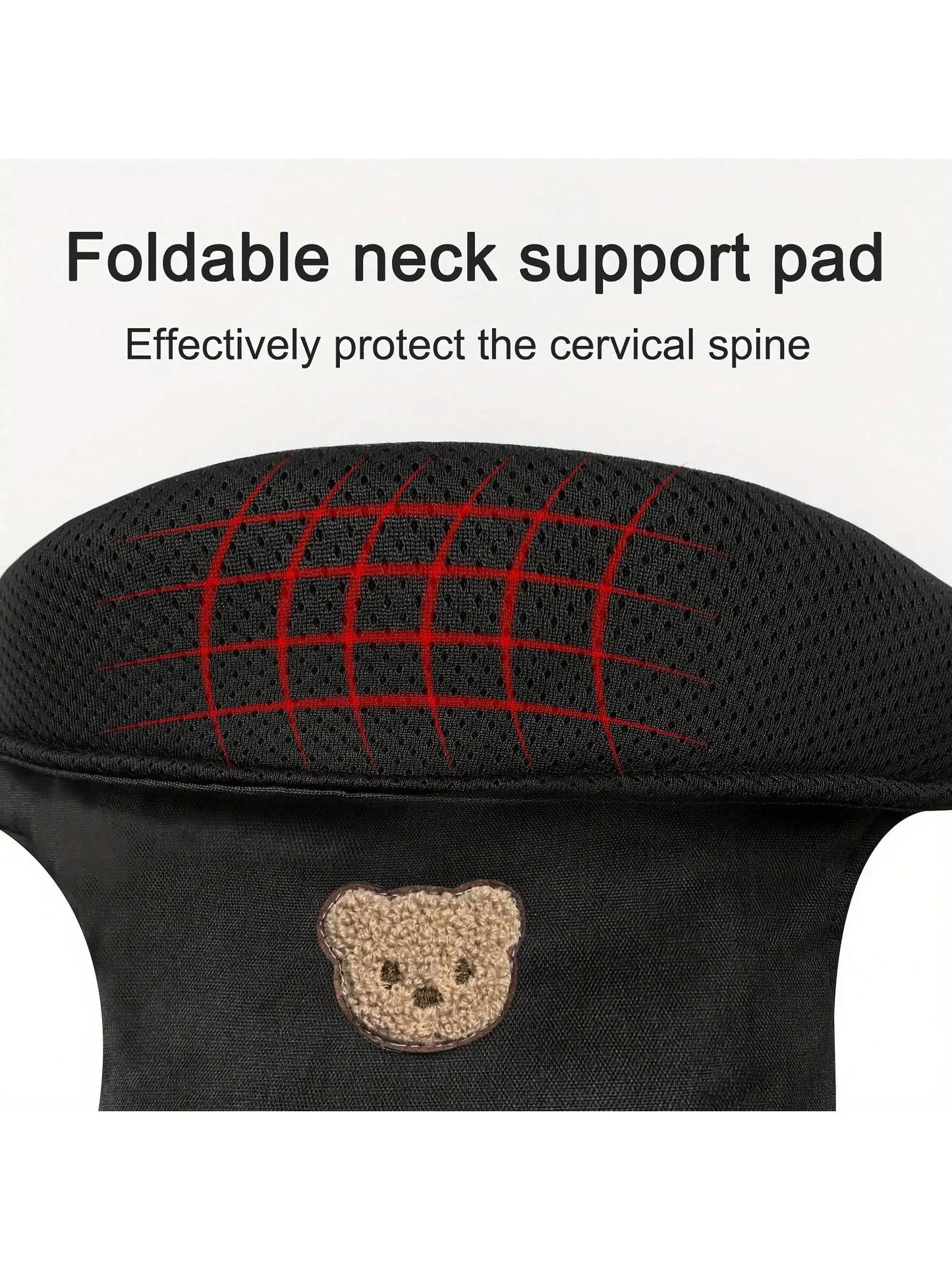 Appui-tete pliable en mesh respirant protegeant les cervicales du bebe endormi, orne du petit ourson brode signature.