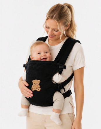 Bebe rayonnant blotti contre sa maman dans le porte-bebe, soulignant le confort et le lien affectif favorises par le portage.