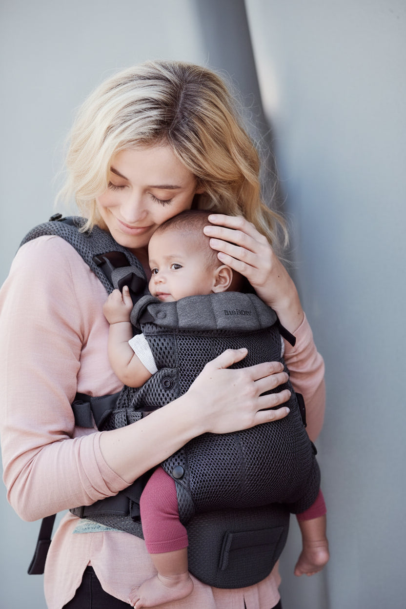Porte bebe physio anthracite presente seul et en situation de portage ventral face au parent pour un cocon rassurant.