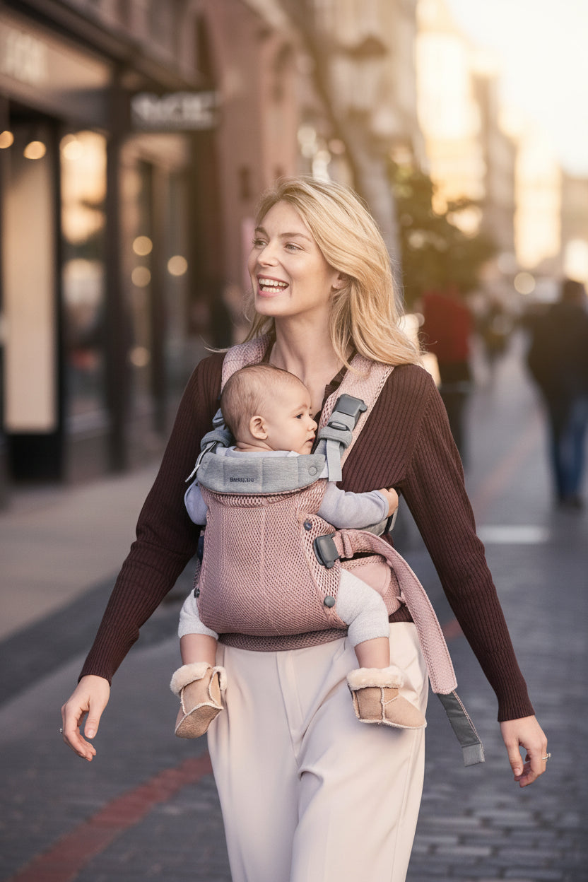 Porte bebe physio rose poudre en maille aeree, parfait pour se deplacer en ville avec bebe bien maintenu.